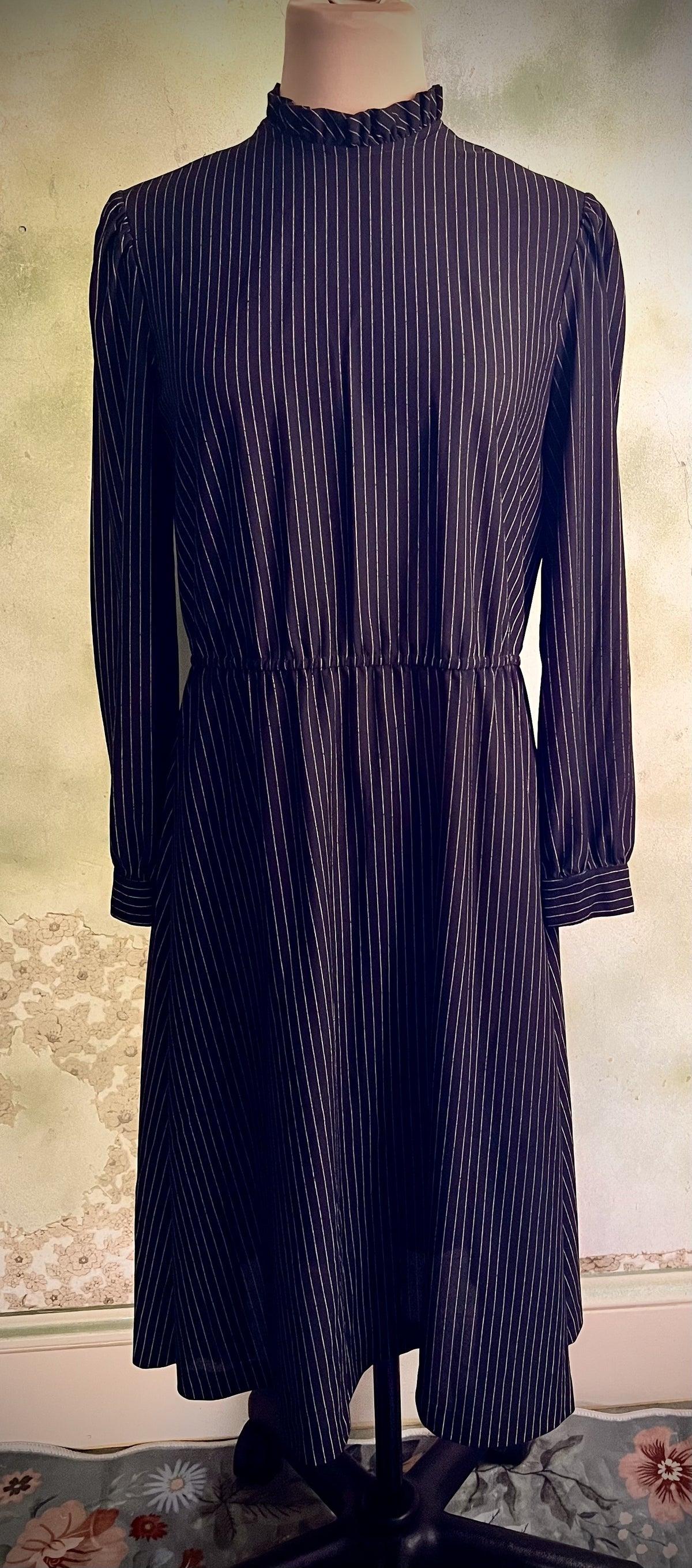 Vintage Handmade Black Pinstripe Midi Dress Ruffle Neck Long Sleeve