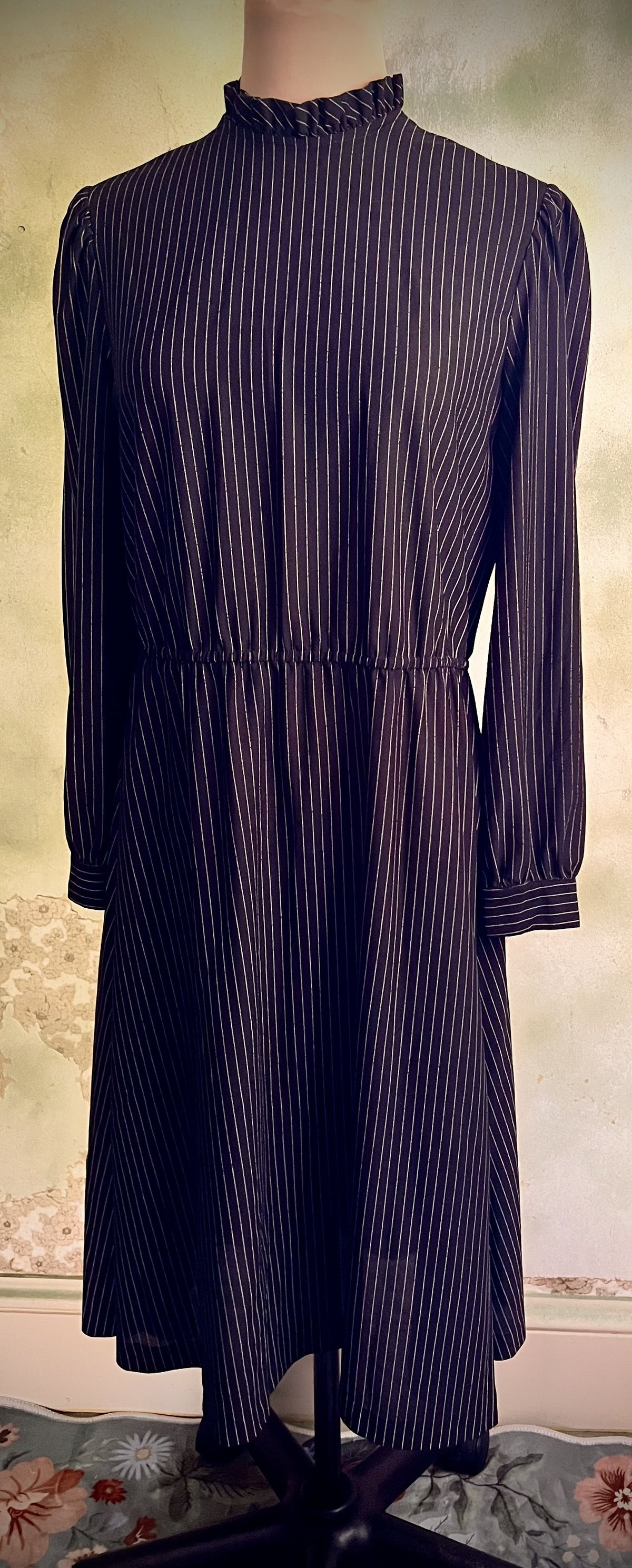 Vintage Handmade Black Pinstripe Midi Dress Ruffle Neck Long Sleeve