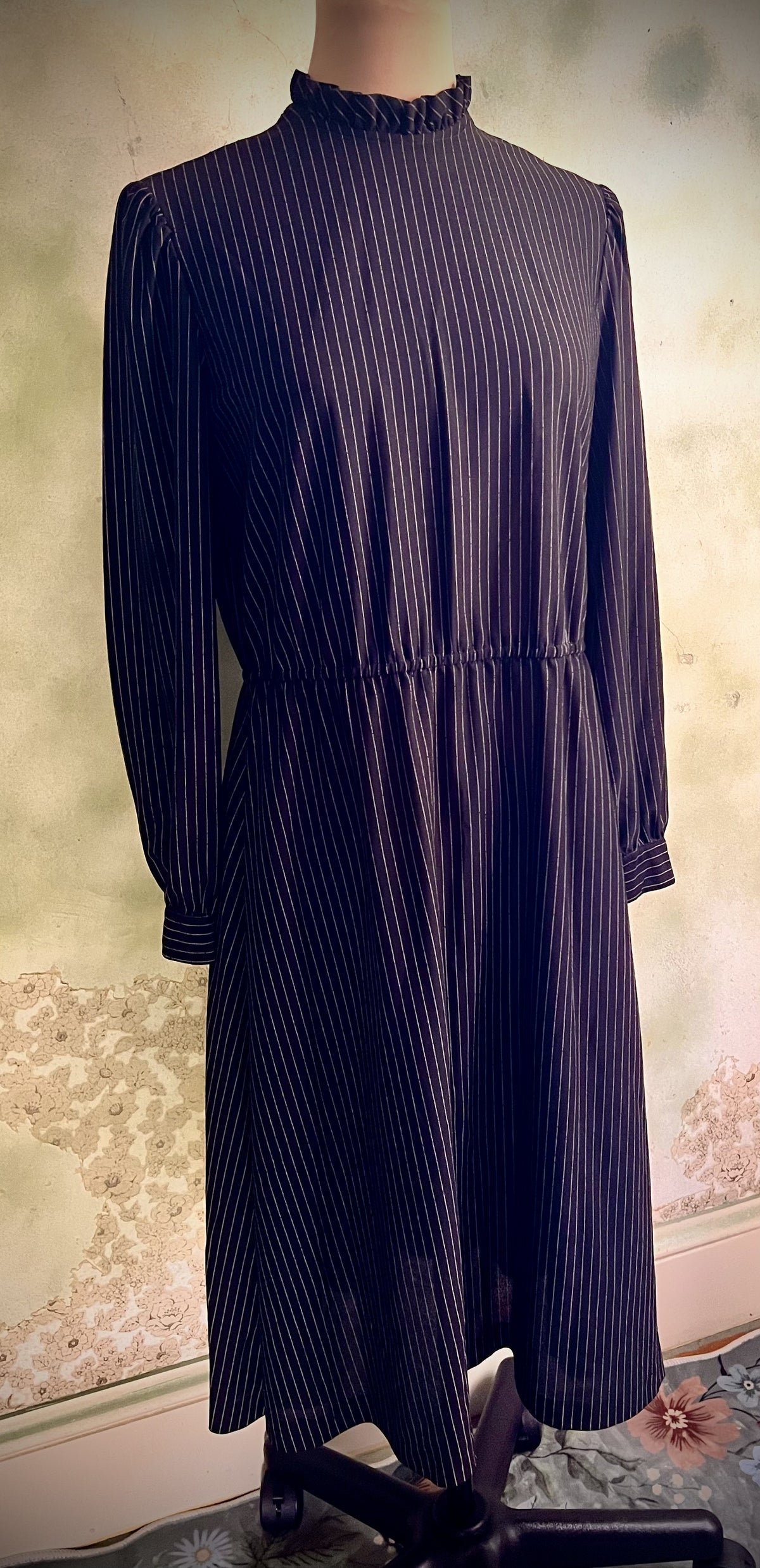 Vintage Handmade Black Pinstripe Midi Dress Ruffle Neck Long Sleeve