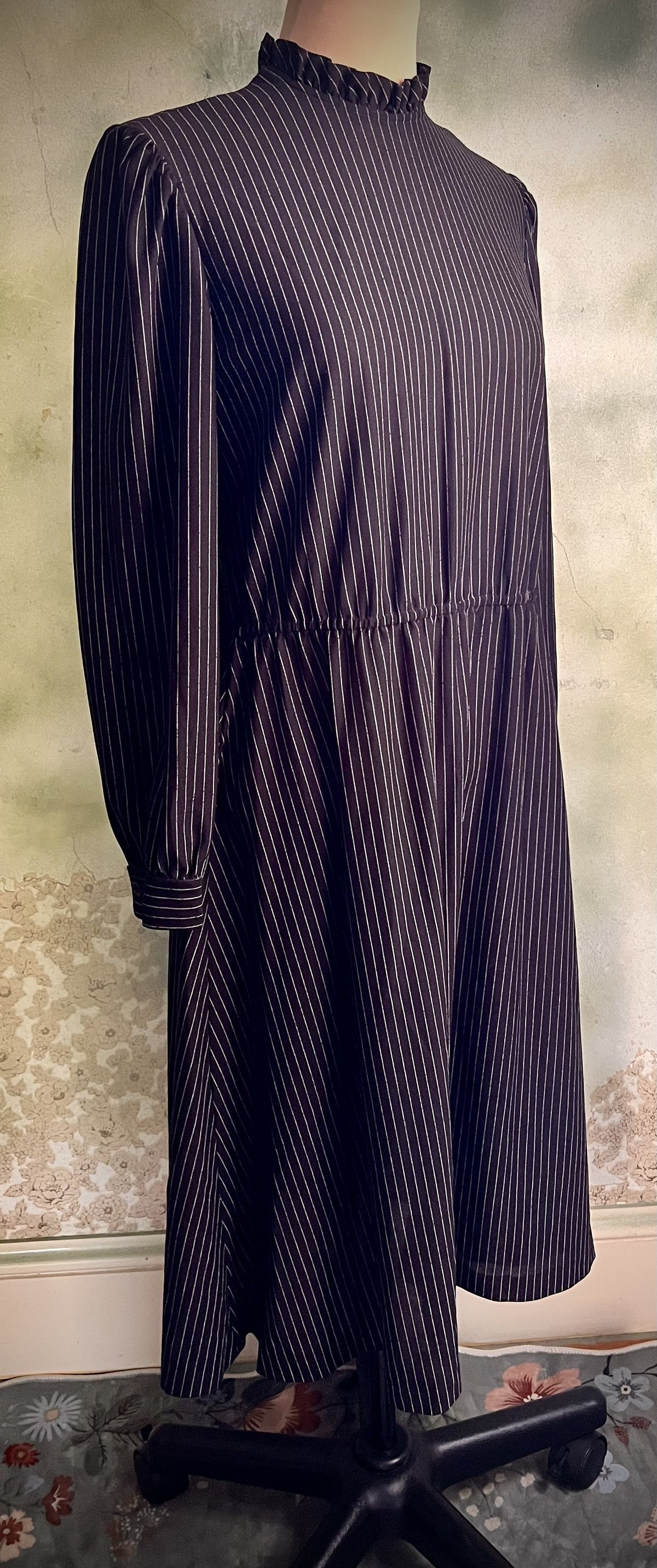 Vintage Handmade Black Pinstripe Midi Dress Ruffle Neck Long Sleeve