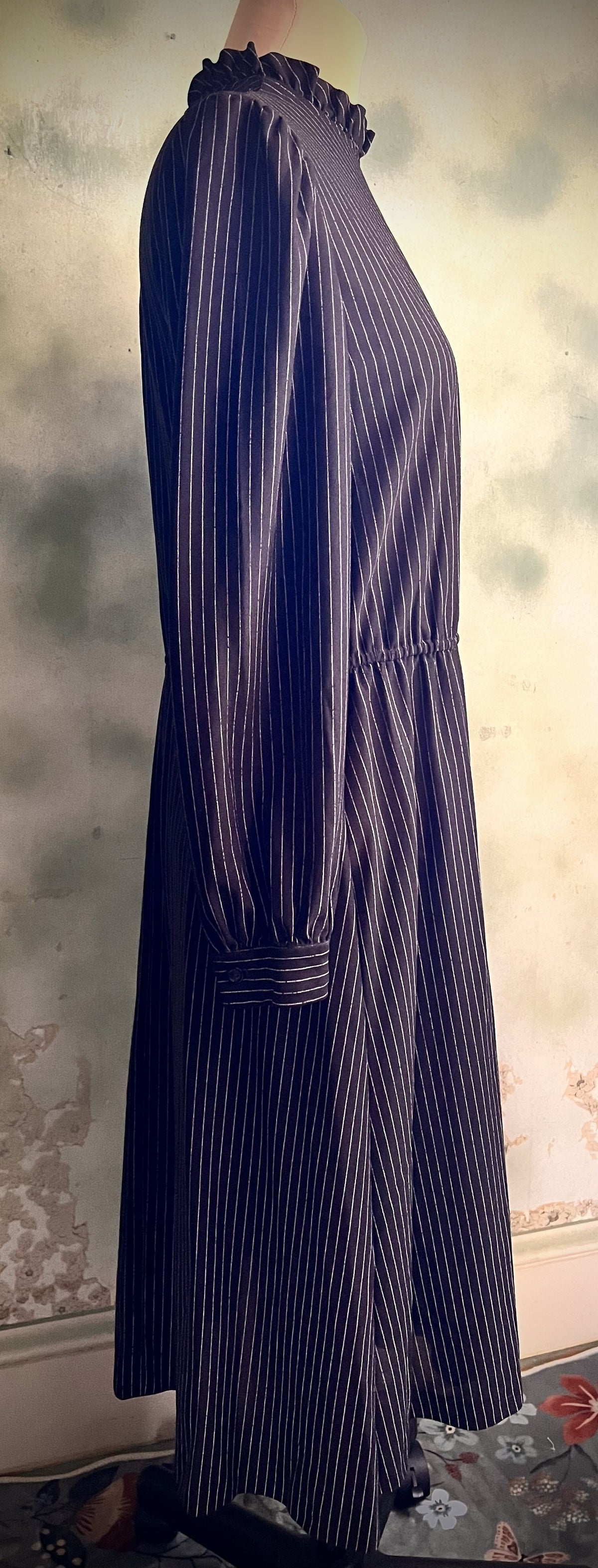 Vintage Handmade Black Pinstripe Midi Dress Ruffle Neck Long Sleeve