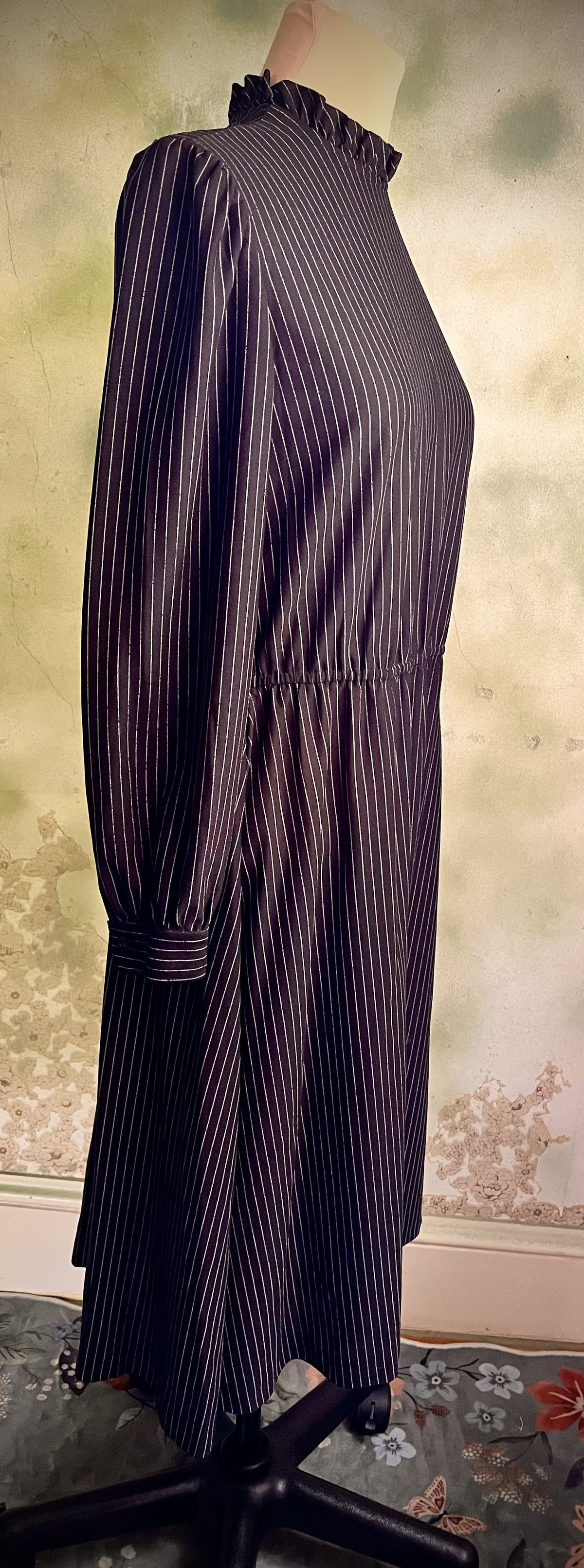 Vintage Handmade Black Pinstripe Midi Dress Ruffle Neck Long Sleeve