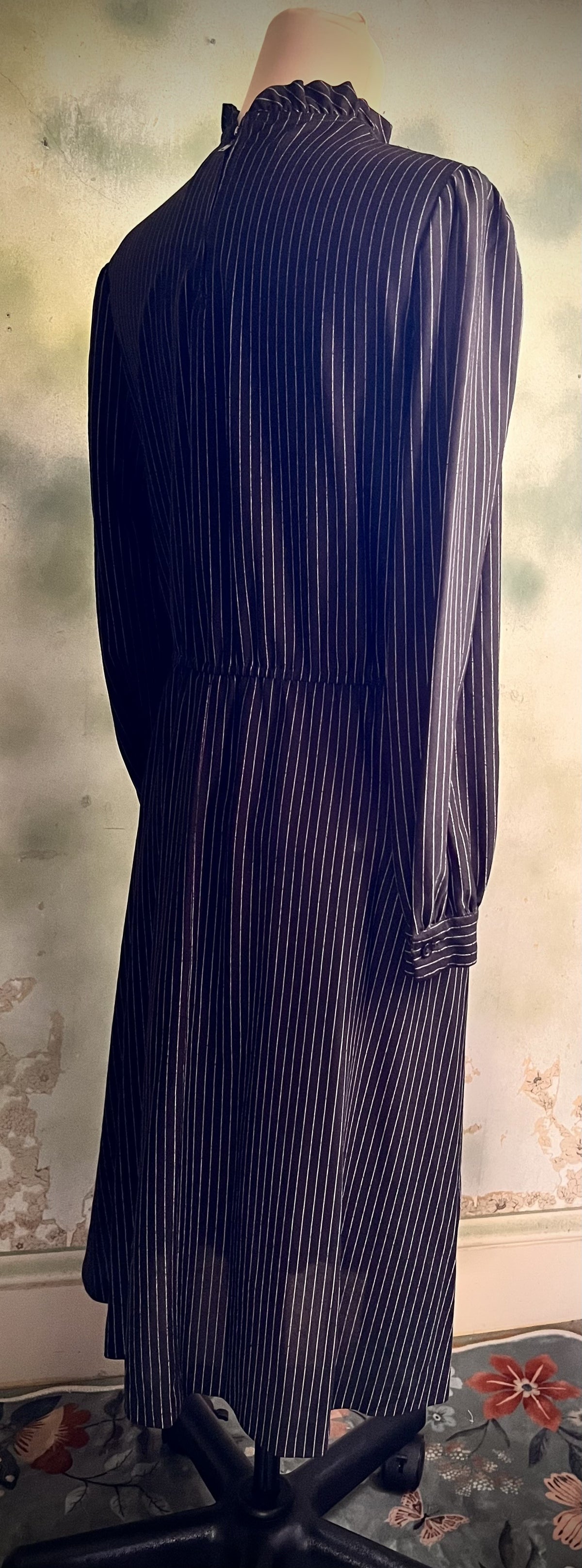Vintage Handmade Black Pinstripe Midi Dress Ruffle Neck Long Sleeve