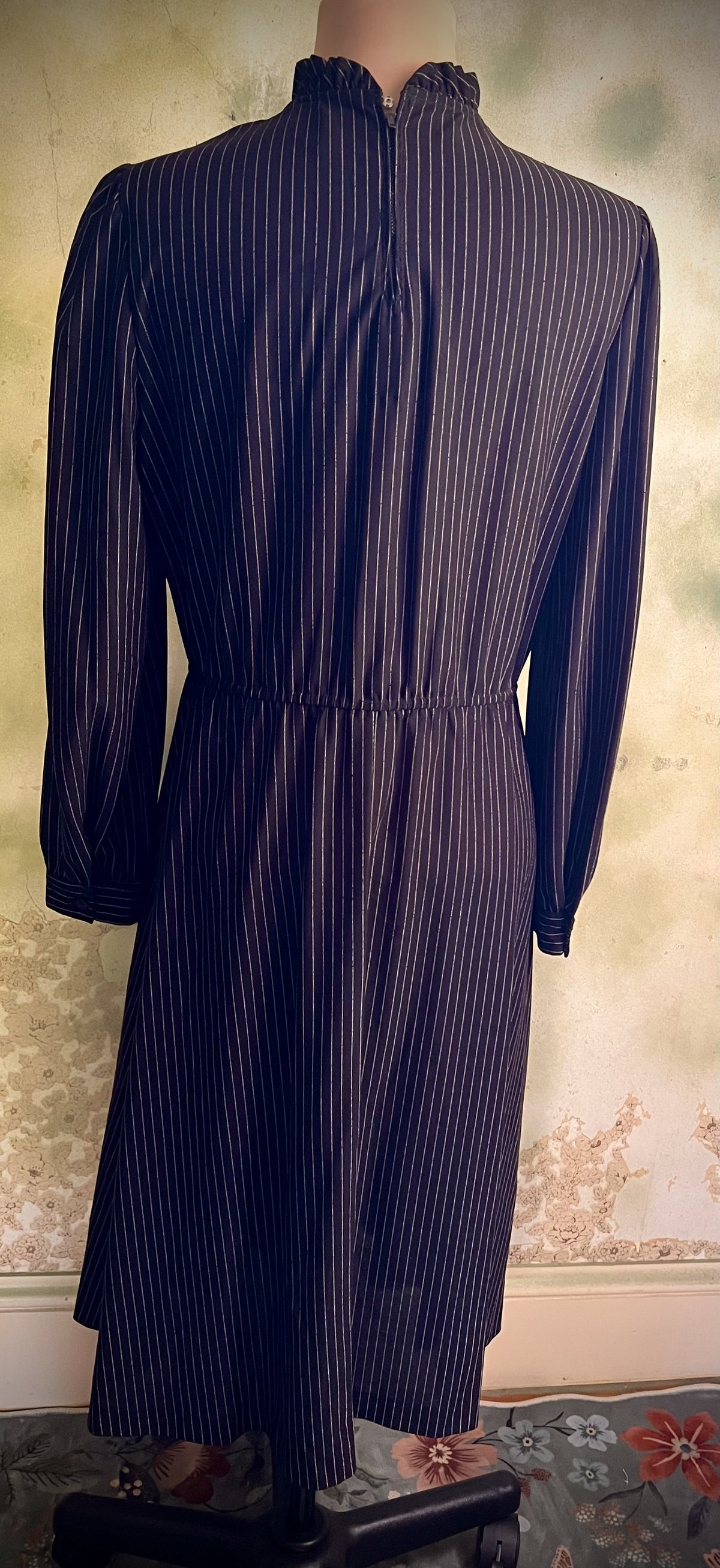 Vintage Handmade Black Pinstripe Midi Dress Ruffle Neck Long Sleeve