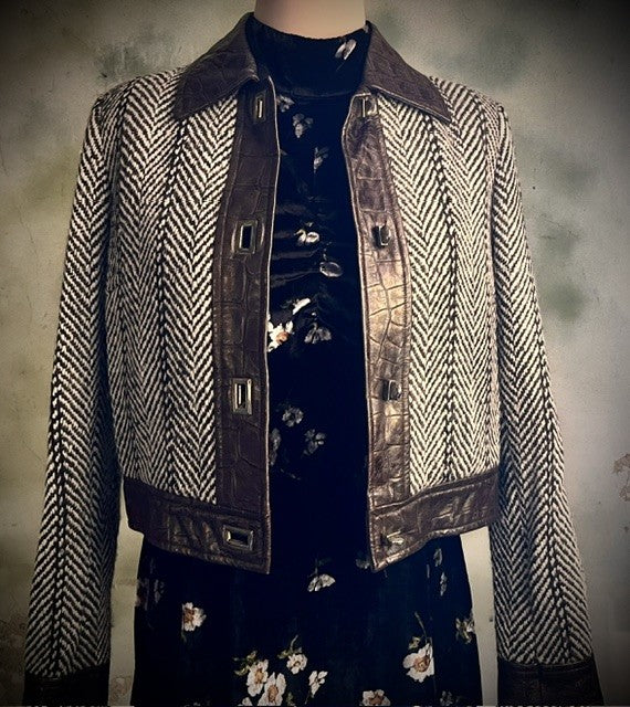 Milly New York Herringbone Cropped Jacket Leather Trim Size Small