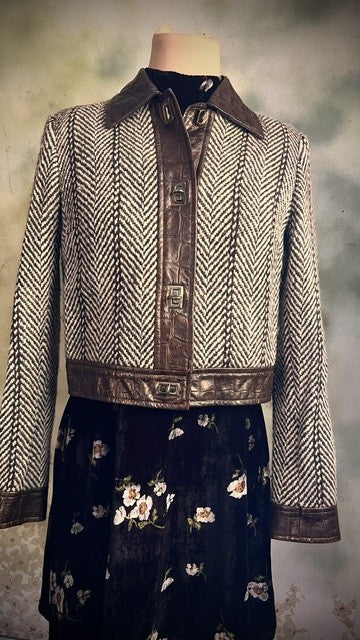 Milly New York Herringbone Cropped Jacket Leather Trim Size Small