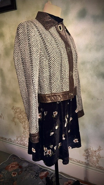 Milly New York Herringbone Cropped Jacket Leather Trim Size Small