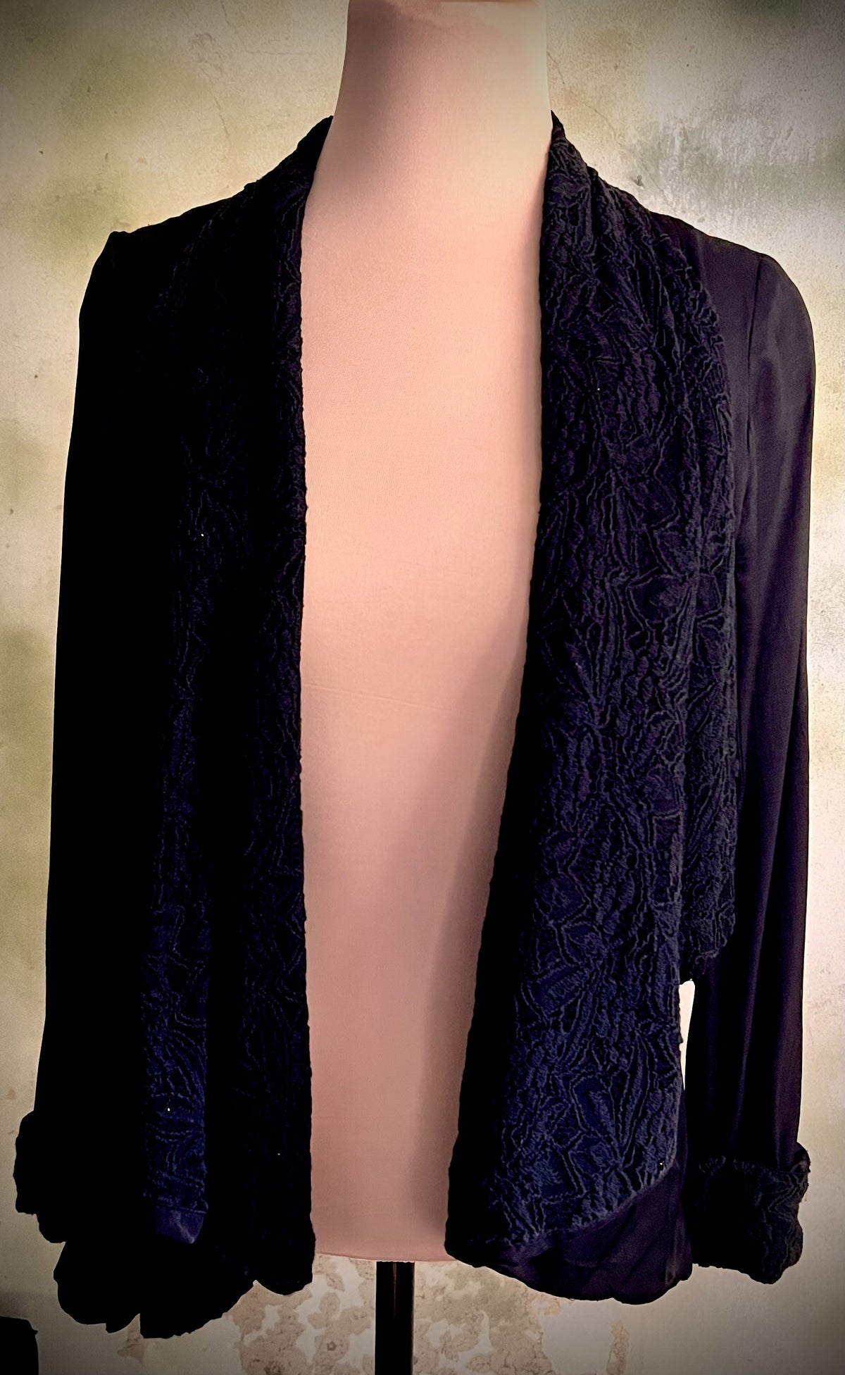Mystree Size Small Black Lace Back Open Front Cardigan Jacket