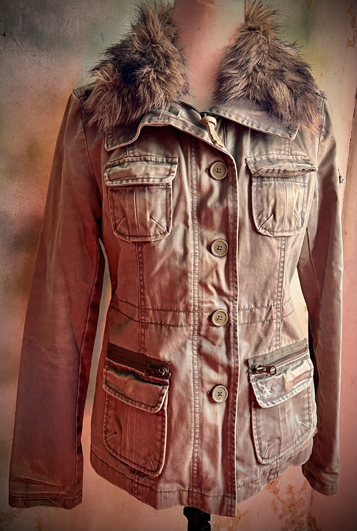 American Eagle XS Utility Jacket Detachable Faux Fur Collar Military Coat