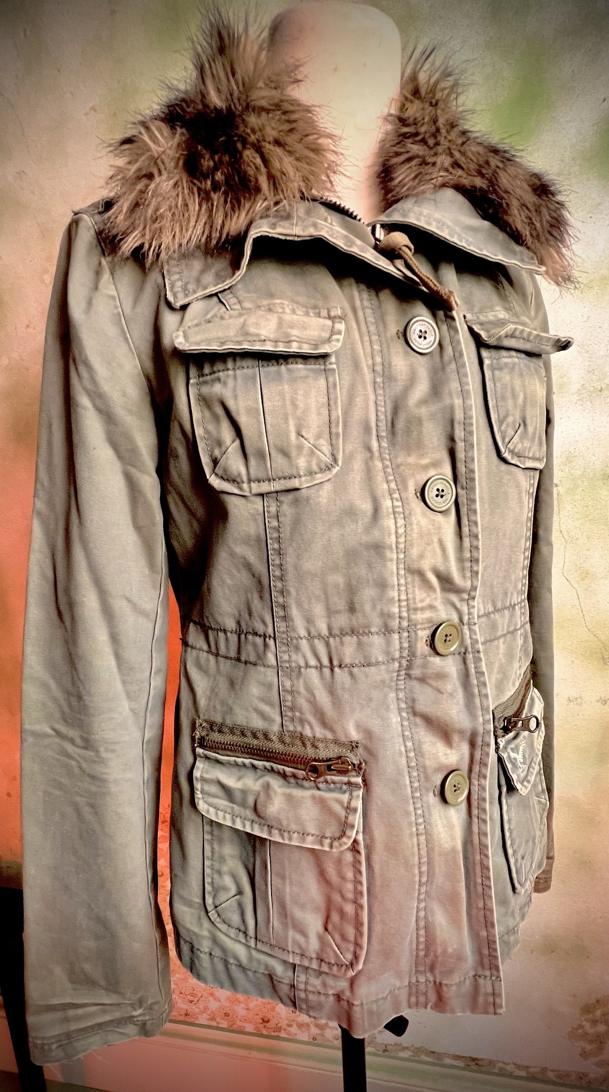 American Eagle XS Utility Jacket Detachable Faux Fur Collar Military Coat