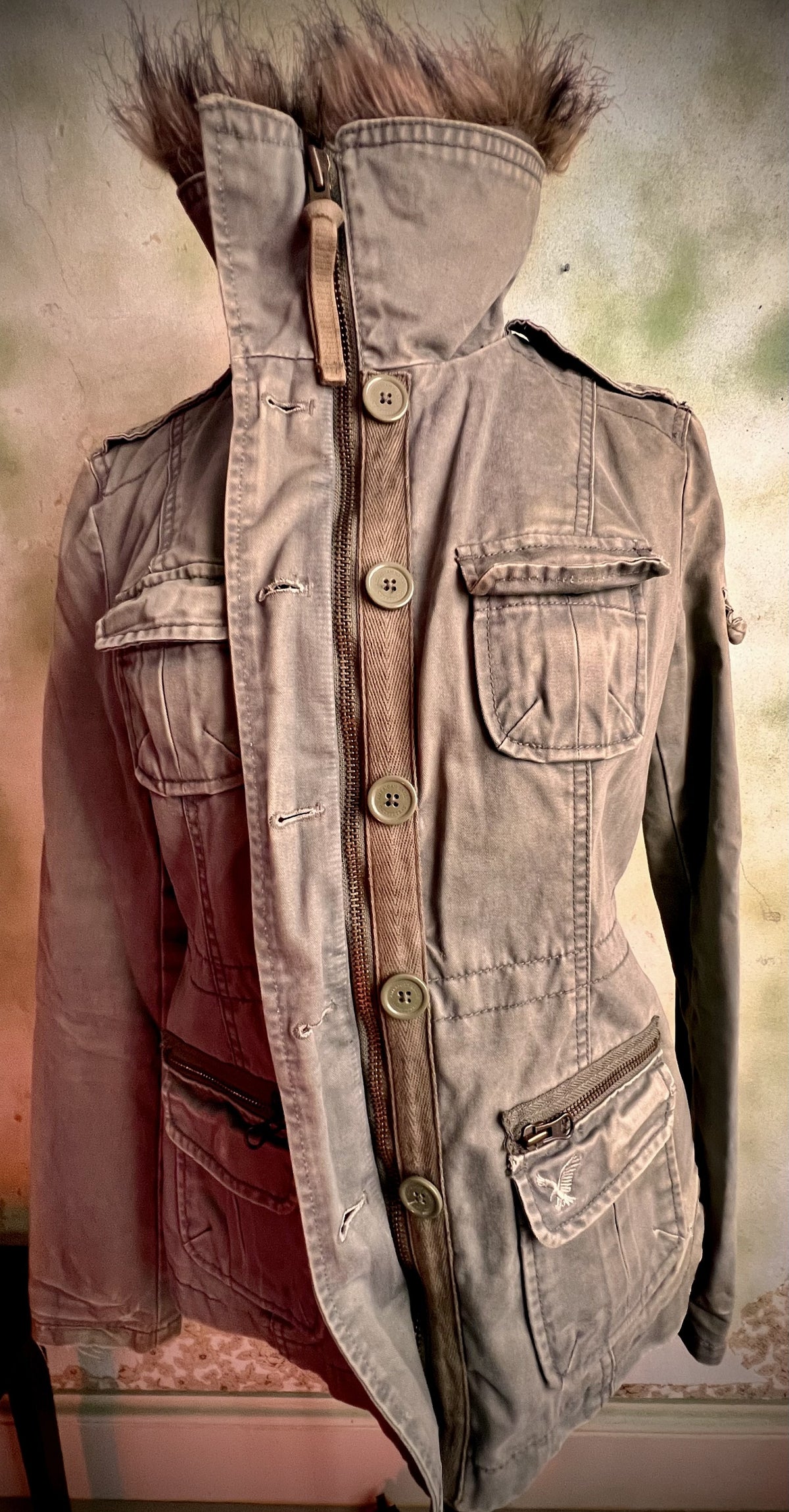 American Eagle XS Utility Jacket Detachable Faux Fur Collar Military Coat