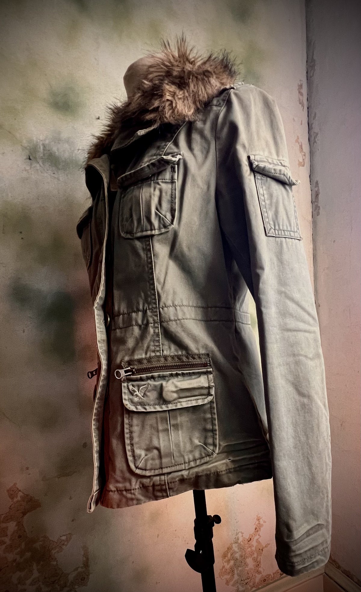 American Eagle XS Utility Jacket Detachable Faux Fur Collar Military Coat
