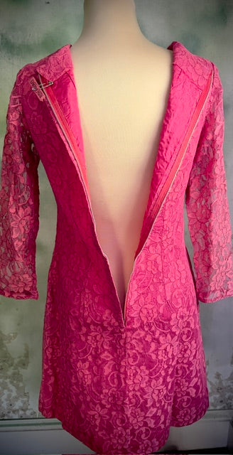 Vintage 60s 70s Hot Pink Lace Mini Cocktail Dress