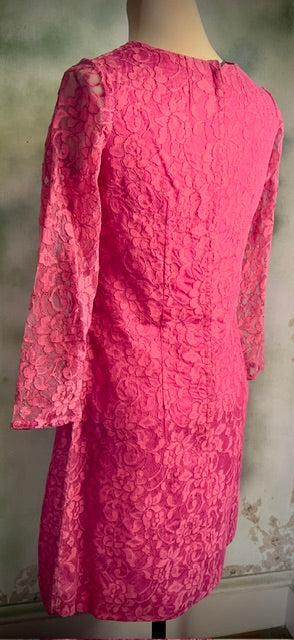 Vintage 60s 70s Hot Pink Lace Mini Cocktail Dress