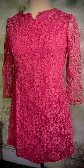 Vintage 60s 70s Hot Pink Lace Mini Cocktail Dress