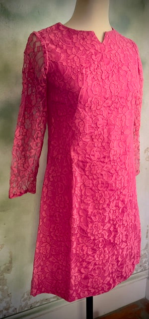 Vintage 60s 70s Hot Pink Lace Mini Cocktail Dress