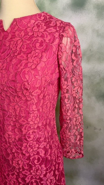Vintage 60s 70s Hot Pink Lace Mini Cocktail Dress