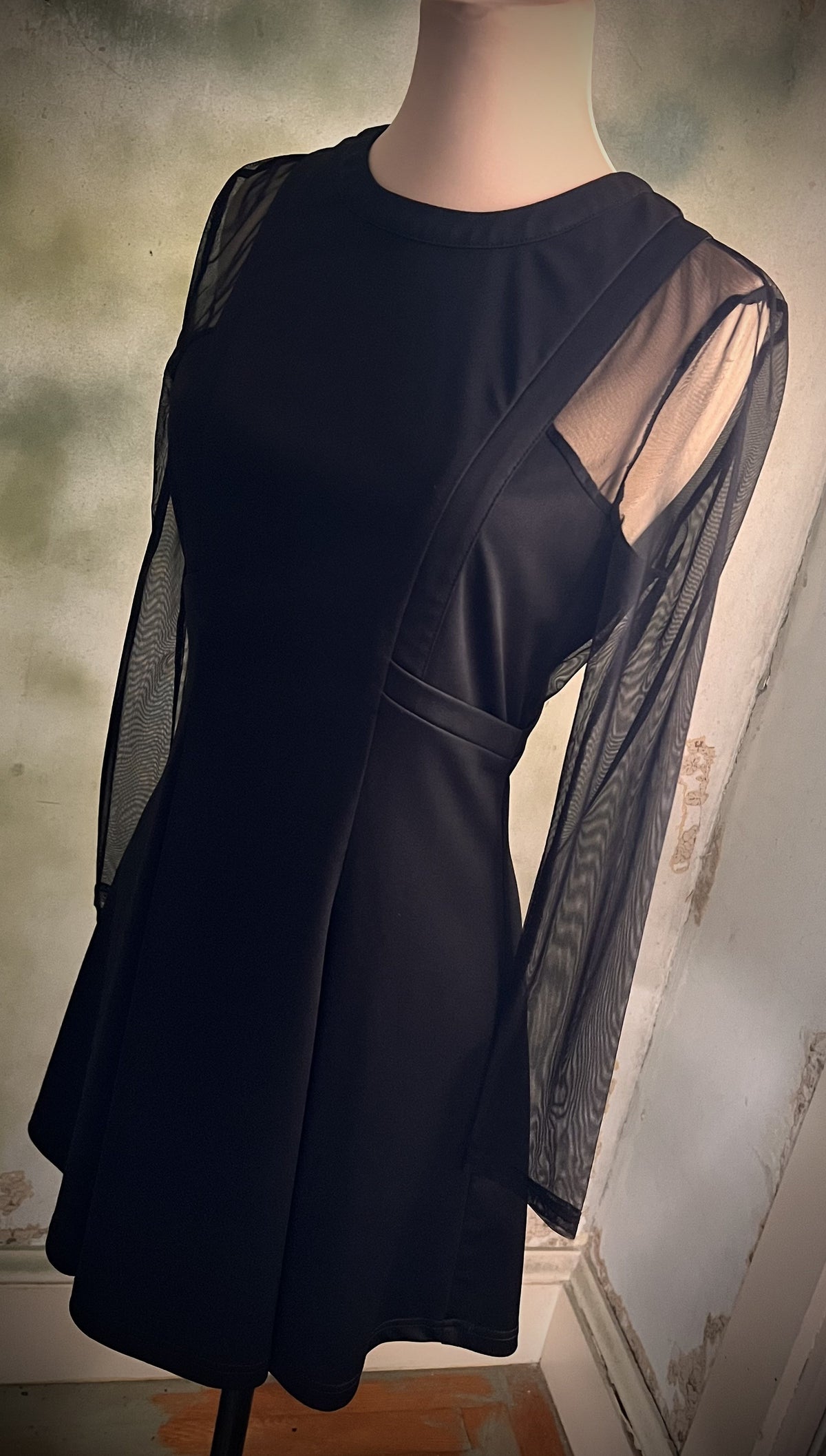 Black Sheer Mesh Sleeve Fit & Flare Dress Size Medium