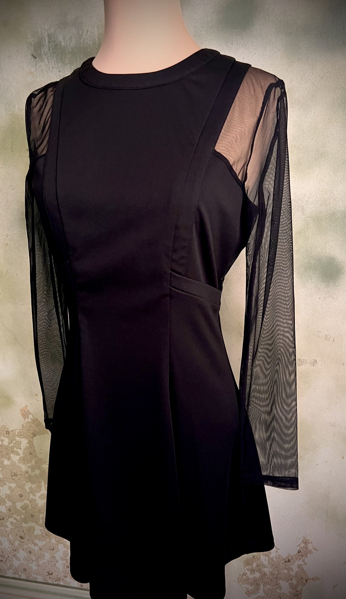 Black Sheer Mesh Sleeve Fit & Flare Dress Size Medium