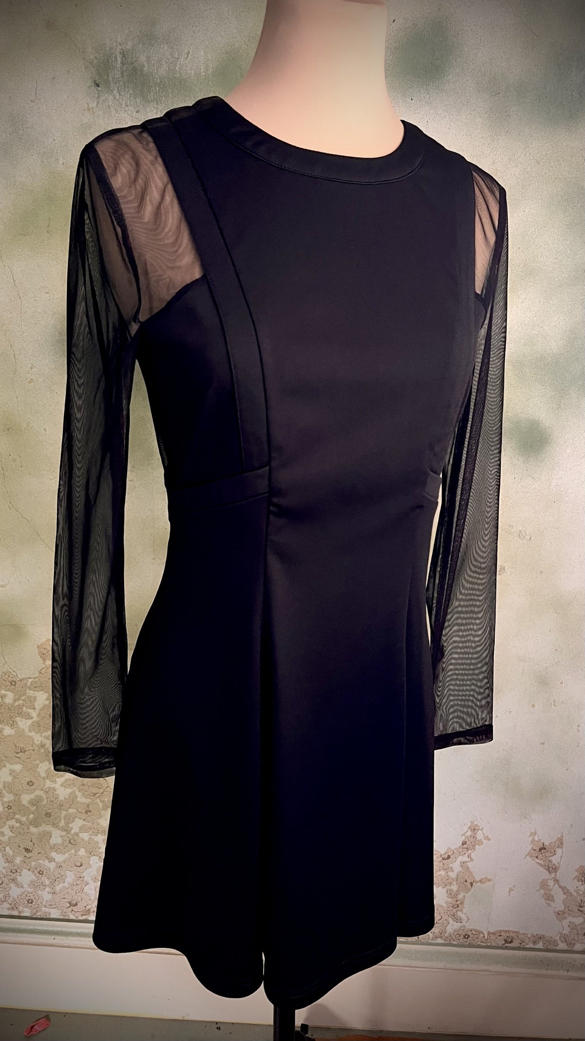 Black Sheer Mesh Sleeve Fit & Flare Dress Size Medium