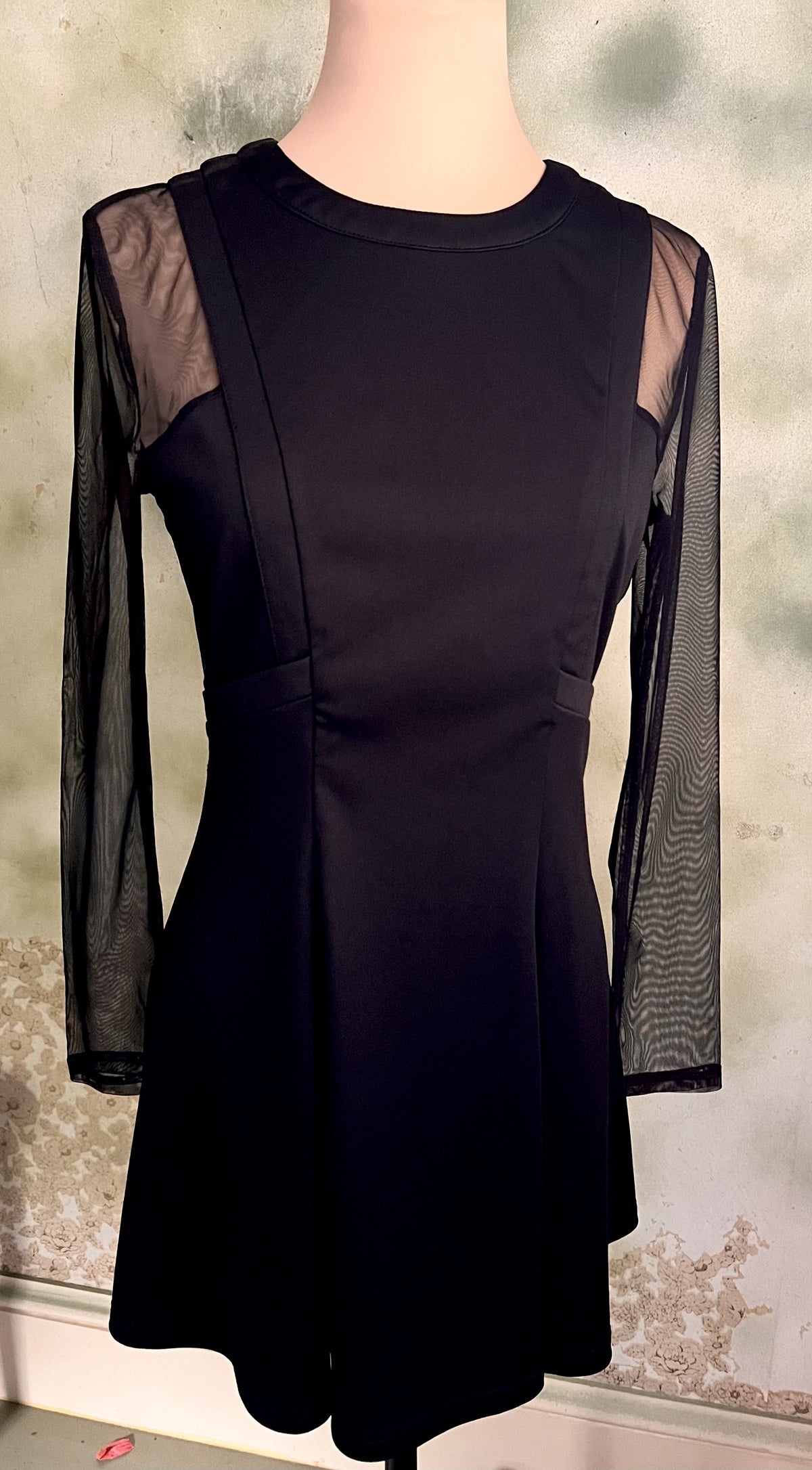 Black Sheer Mesh Sleeve Fit & Flare Dress Size Medium