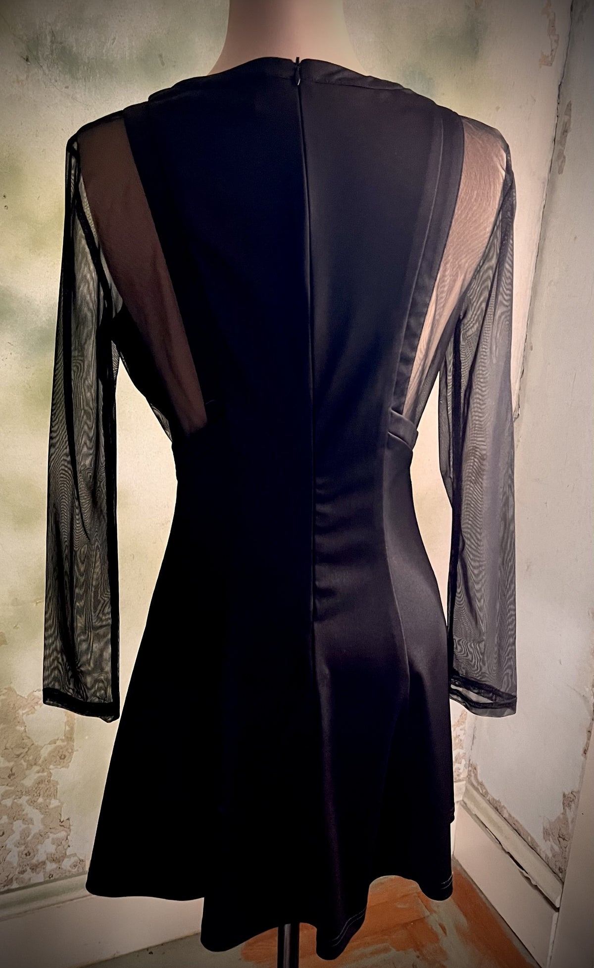 Black Sheer Mesh Sleeve Fit & Flare Dress Size Medium