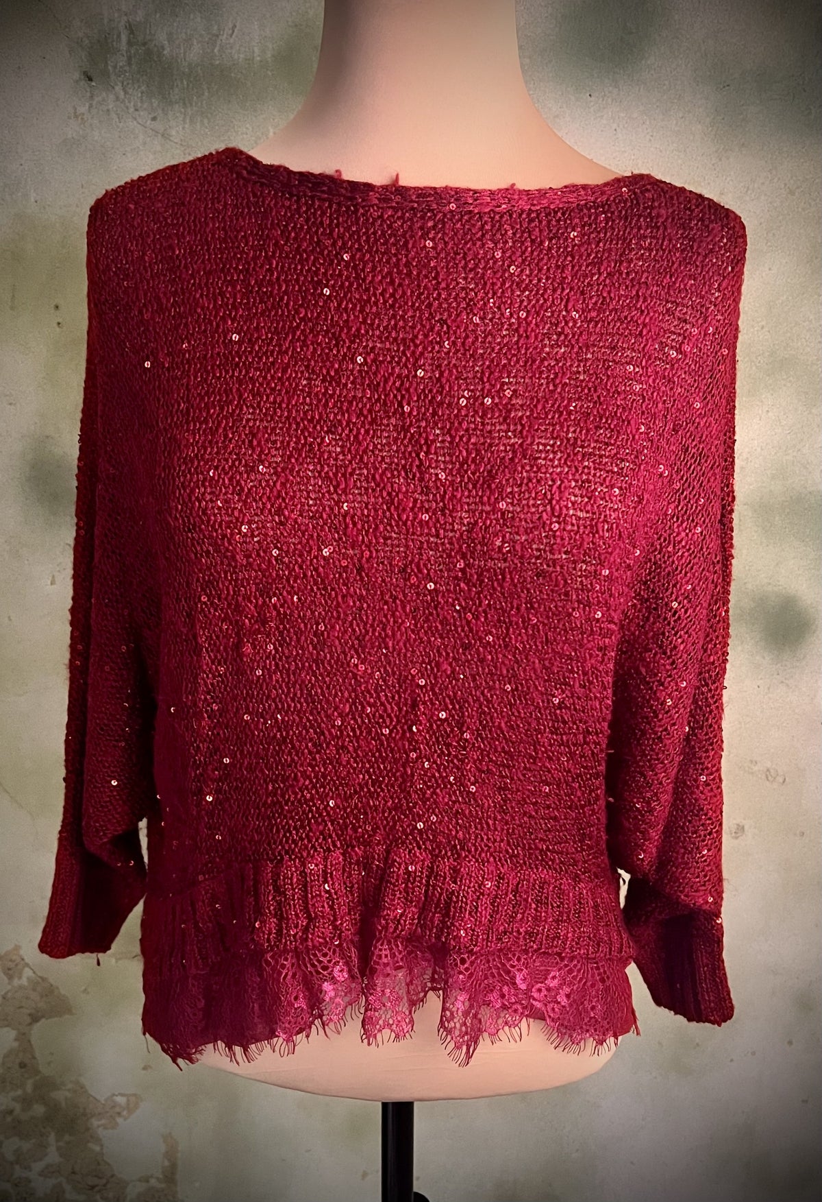 Mechant Burgundy Sequin Knit Lace Hem