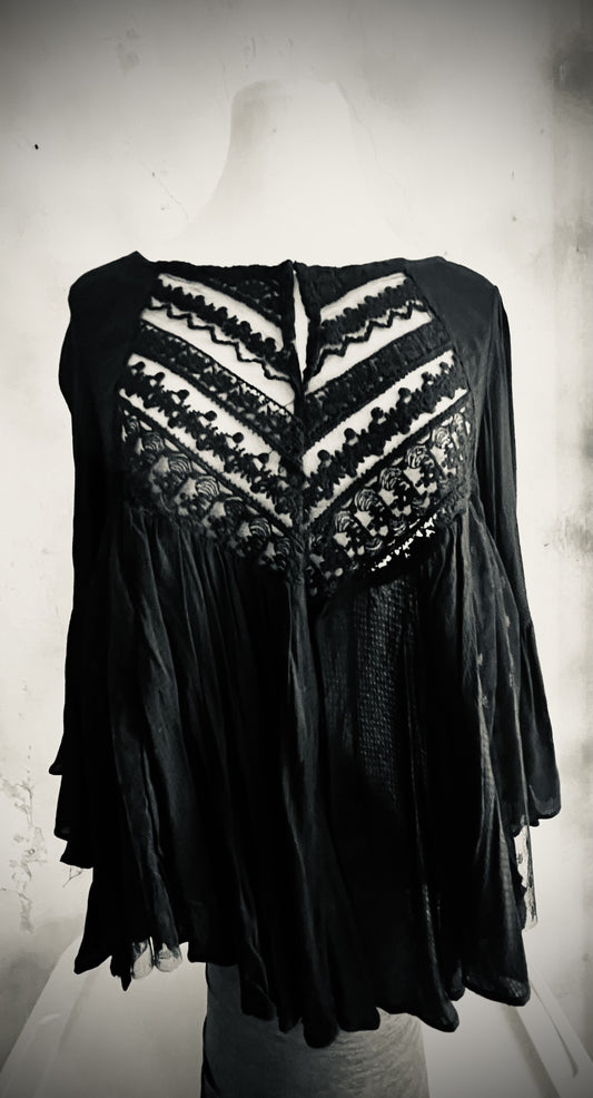 Ciel USA Black Sheer Lace Boho Blouse Size S