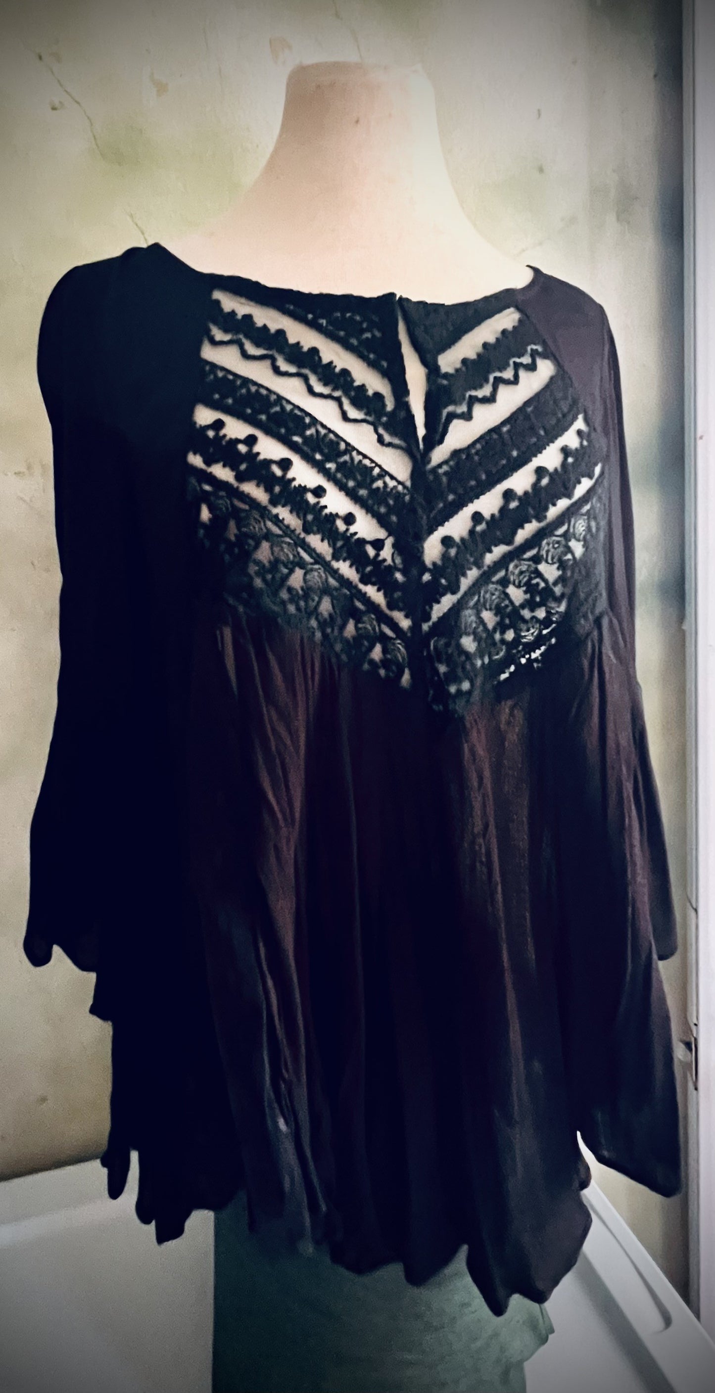 Ciel USA Black Sheer Lace Boho Blouse Size S