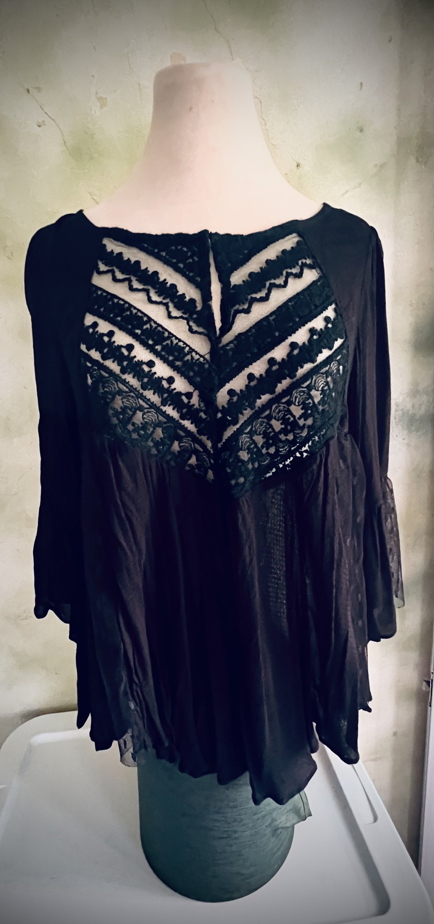 Ciel USA Black Sheer Lace Boho Blouse Size S