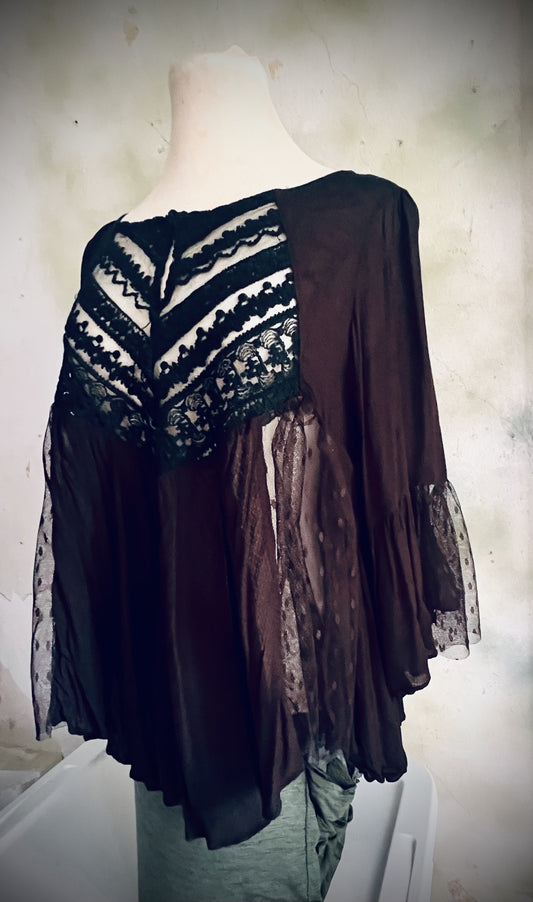 Ciel USA Black Sheer Lace Boho Blouse Size S