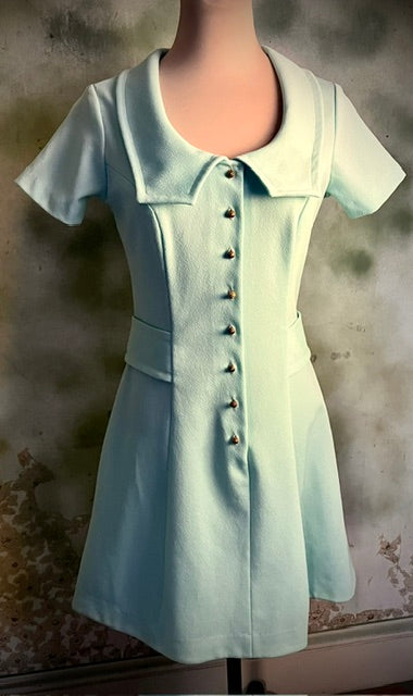 Vintage Sears Jr. Bazaar 60s Mod Mint Mini Dress Gold Buttons XS/S
