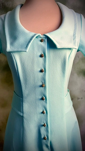 Vintage Sears Jr. Bazaar 60s Mod Mint Mini Dress Gold Buttons XS/S