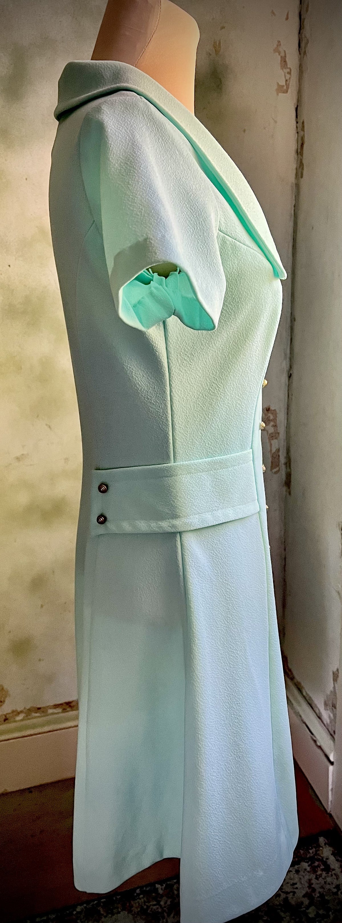 Vintage Sears Jr. Bazaar 60s Mod Mint Mini Dress Gold Buttons XS/S
