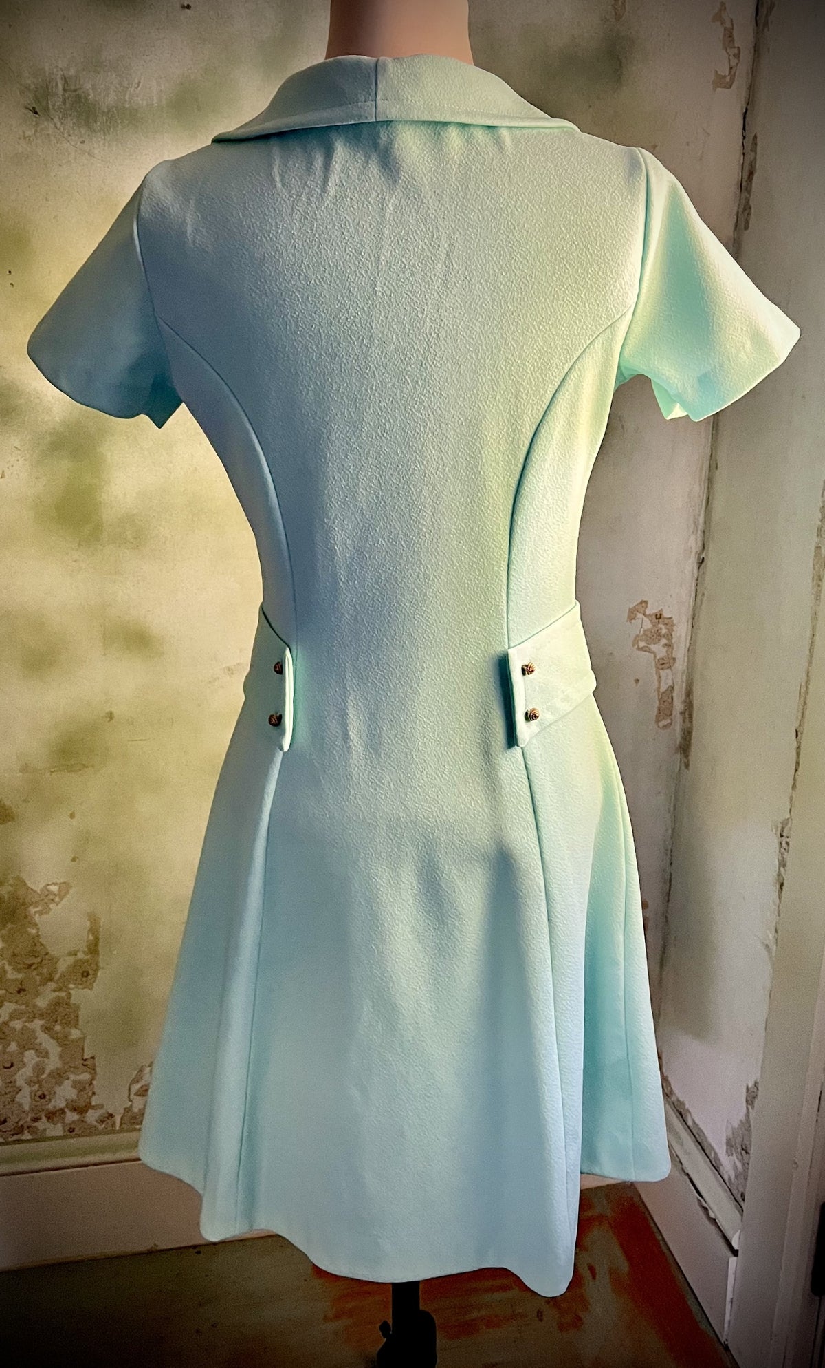 Vintage Sears Jr. Bazaar 60s Mod Mint Mini Dress Gold Buttons XS/S