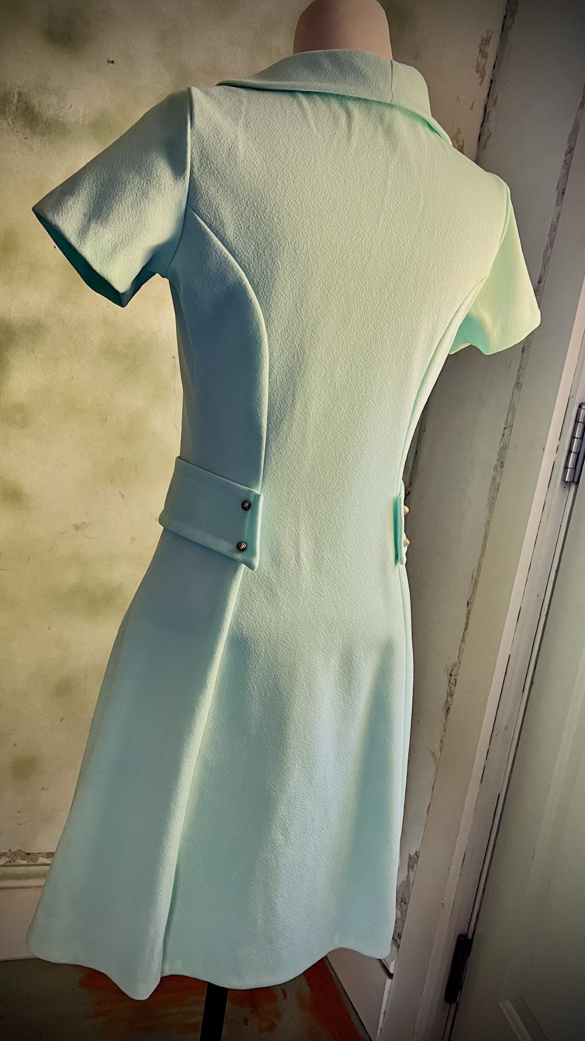 Vintage Sears Jr. Bazaar 60s Mod Mint Mini Dress Gold Buttons XS/S